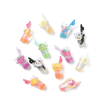 6Pcs Imitation Fruit Tea Resin Pendants, Noctilucent Powder & Polymer Clay inside, with Acrylic Cup, Mixed Color, 25~28.5x12.5mm, Hole: 1.8mm