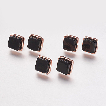 Natural Black Agate Stud Earrings, with Brass Findings, Real Rose Gold Plated, Square, 12x12x4.5~6mm, Pin: 1mm