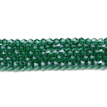 Transparent Electroplate Glass Beads Strands, Pearl Luster Plated, Faceted, Bicone, Teal, 3x2.5mm, Hole: 0.7mm, about 162~185pcs/strand, 12.76~14.61 inch(32.4~37.1cm)