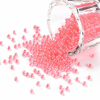 11/0 Grade A Round Glass Seed Beads, Transparent Inside Colours, Luster Plated, Light Coral, 2.3x1.5mm, Hole: 1mm, about 48500pcs/pound
