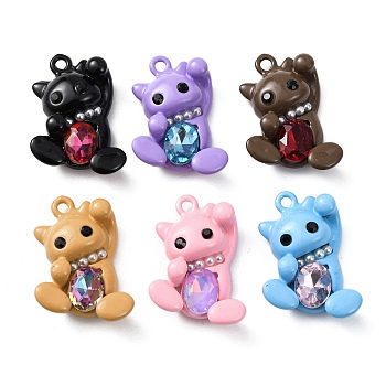 Alloy Rhinestone Pendants, Bear Charms, with ABS Imitation Pearl, Rack Plating, Platinum, Mixed Color, 25x16.5x7mm, Hole: 1.6mm