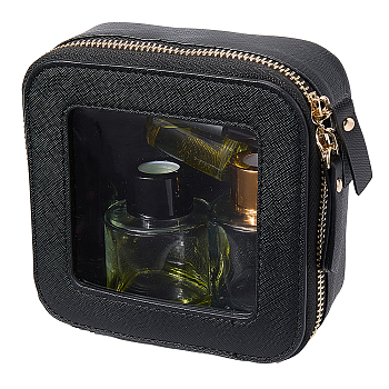 Square PU Leather Jewelry Box, Travel Portable Jewelry Case, Zipper Storage Boxes with Clear Window, for Necklaces, Rings, Earrings and Pendants, Black, 13x14x5.5cm