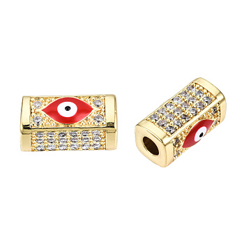Brass Micro Pave Cubic Zirconia Beads, with Enamel, Real 18K Gold Plated, Rectangle with Evil Eye, Nickel Free, Dark Red, 14x8x7mm, Hole: 3.5mm