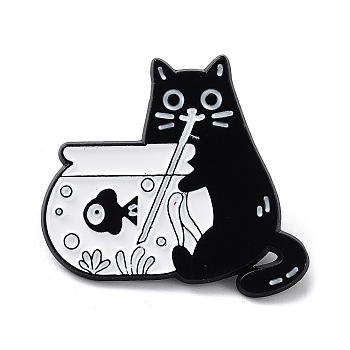 Cartoon Style with Fish Bowl Cat Enamel Pins, Black Alloy Badge for Men Women, Black, 28x31x1.5mm