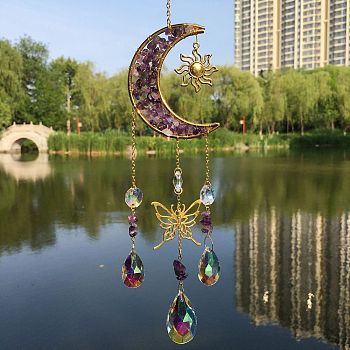 Natural Amethyst Chip & Metal Moon Hanging Suncatchers, with Glass Teardrop/Octagon and Metal Butterfly Link for Home Garden Decoration, 390mm