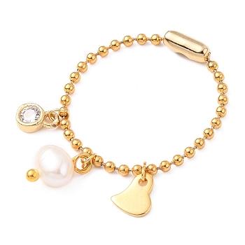 304 Stainless Steel Ball Chain Rings, with Natural Pearl Beads and Cubic Zirconia, Heart, Golden, US Size 12 3/4(22mm)