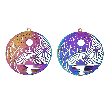 Ion Plating(IP) 201 Stainless Steel Filigree Pendants, Etched Metal Embellishments, Flat Round with Landscape Pattern, Rainbow Color, 32x30x0.3mm, Hole: 1.5mm
