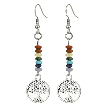 Alloy Tree of Life Dangle Earrings, Synthetic & Natural Mixed Gemstone Beaded Long Drop Earrings for Women, Round, 62x15mm