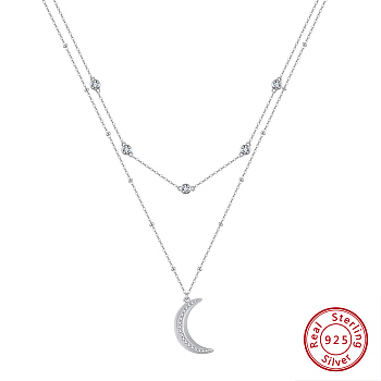 925 Sterling Silver Double Layer Necklaces, Micro Pave 5A Cubic Zirconia Moon Charm Necklaces, Real Platinum Plated, 15.98 inch(40.6cm)