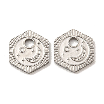 316 Surgical Stainless Steel Charms, Hexagon with Moon Charm, Stainless Steel Color, 10x11x1mm, Hole: 2mm