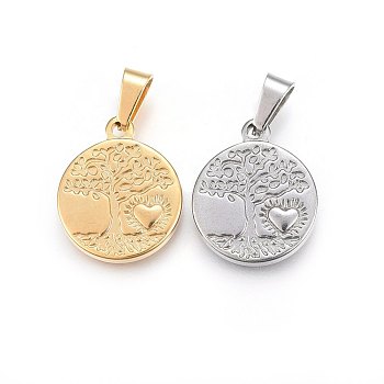 304 Stainless Steel Pendants, Flat Round with Tree and Heart, Mixed Color, 20x17x2.5mm, Hole: 7x4mm