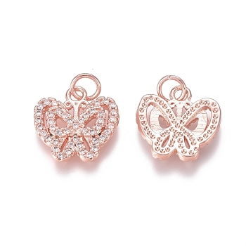 Brass Micro Pave Clear Cubic Zirconia Charms, with Jump Rings, Butterfly, Rose Gold, 13x13x2mm, Jump Ring: 4.5x0.7mm, Inner Diameter: 3mm