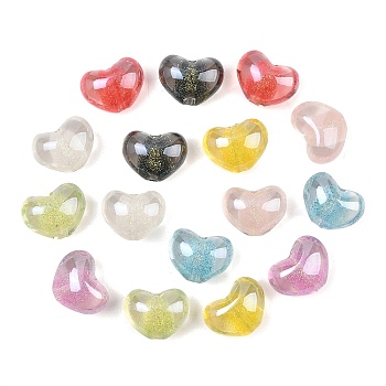 Transparent Resin Beads, Heart, with Glitter Powder, Mixed Color, 13.5x18x10.5mm, Hole: 2.5mm