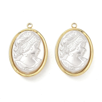 304 Stainless Steel with ABS Plastic Pearl Pendants, Oval with Girl Pattern Charm, PVD Vacuum Plating, Real 18K Gold Plated, White, 22.5x15.5x7.5mm, Hole: 1.4mm