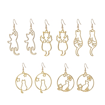 Zinc Alloy Hollow Out Cat Dangle Earrings, 304 Stainless Steel Long Drop Earrings for Women, Mixed Shape, Golden, 54.5~63mm, Pin: 0.7mm