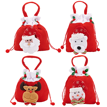 4Pcs 4 Styles Christmas Theme Velvet Packing Pouches, with Polyester Cord, Drawstring Bags, for Candy Wrapper Gift Supplies, Red, Santa Claus & Snowman & Reindeer & Bear Pattern, Mixed Patterns, 23x20.5x1.1cm, 1pc/style