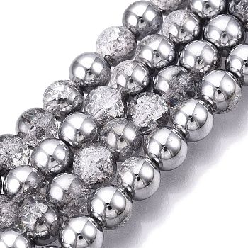 Electroplated Crackle Glass Beads Strands, Half Plated, Round, Silver, 8~8.5mm, Hole: 1~1.2mm, about 50~51pcs/strand, 14.57~14.96 inch(37~38cm)