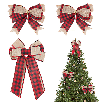 AHADEMAKER 3Pcs 2 Style Tartan Pattern Linen Type Cloth Bowknot Display Decoration, with Iron Twist Tie, Christmas Theme, Red, 230~375x220~240x24~37.5mm