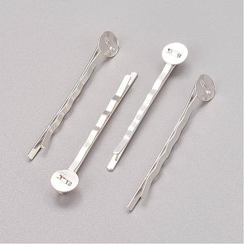 Iron Hair Bobby Pin Findings, Silver Color Plated, Size: about 2mm wide, 52mm long, 2mm thick, Tray: 8mm in diameter, 0.5mm thick