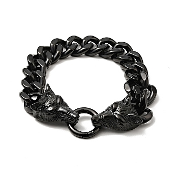 304 Stainless Steel Curb Chain Bracelet with Wolf Clasp for Men Women, Black, 9-1/8 inch(23cm)