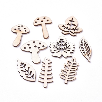 Autumn Theme Laser Cut Wood Shapes, Unfinished Wooden Embellishments, Poplar Wood Cabochons, Leaf & Mushroom, Blanched Almond, 26~36.5x12.5~30.5x2.5mm, about 100pcs/bag