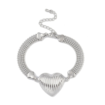 Brass Hollow Ball Chain Bracelets, Heart Link Bracelets for Women, Platinum, 7-1/8 inch(18cm)