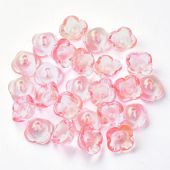4-Petal Transparent Spray Painted Glass Bead Caps, with Glitter Powder, Flower, Pink, 11.5x11.5x7mm, Hole: 1.6mm