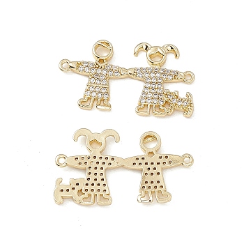Brass Micro Pave Clear Cubic Zirconia Connector Charms, Girl and Boy Links, Real 18K Gold Plated, 29x16x2mm, Hole: 1mm