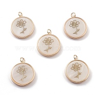 Natural Freshwater Shell Pendants, Flat Round with Flower Charms, with Brass Findings, Light Gold, 24~24.5x22~22.5x3.5~4mm, Hole: 3.6mm(BSHE-E028-07KCG)
