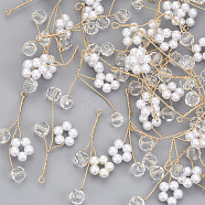 ABS Plastic Imitation Pearl Pendants, with Glass and Light Gold Plated Brass Wire, Flower, Creamy White, 42x14~35x6mm, Hole: 1.4~1.8mm(KK-N235-011)