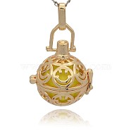 Golden Tone Brass Hollow Round Cage Pendants, with No Hole Spray Painted Brass Round Ball Beads, Champagne Yellow, 35x25x21mm, Hole: 3x8mm(KK-J216-15G)