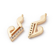 Brass Charms, with Cubic Zirconia, Musical Note, Clear, Real 18K Gold Plated, 5.5x13x1.5mm, Hole: 0.8mm(X-KK-S350-228)