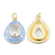 Brass Pave Clear Cubic Zirconia Pendants, with Jump Rings and Shell, Enamel, Real 18K Gold Plated, Nickel Free, Teardrop, Light Sky Blue, 19x13.5x4.5mm, Jump Ring: 5x1mm, 3mm inner diameter(KK-N227-94B)