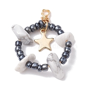Natural Howlite Chips & Glass Seed Pendants, with 304 Stainless Steel Loops, Ring with Star Charms, 28~30x22~25x6~8mm, Hole: 1.5mm(PALLOY-MZ00184-05)
