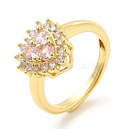 Rack Plating Brass Micro Pave Pink & Crystal Cubic Zirconia Heart Adjustable Rings, Cadmium Free & Lead Free, Long-Lasting Plated, Real 18K Gold Plated, US Size 4 3/4, 2mm, Inner Diameter: 15.4mm(RJEW-E064-17G)