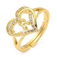 Heart with Letter Rack Plating Brass Micro Pave Clear Cubic Zirconia Adjustable Rings for Women, Lead Free & Cadmium Free, Real 18K Gold Plated, Letter R, Inner Diameter: 16mm(RJEW-I105-01G-R)