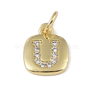 Rack Plating Brass Micro Pave CLear Cubic Zirconia Charms, with Jump Rings, Cadmium Free & Lead Free, Long-Lasting Plated, Real 18K Gold Plated, Letter U, 11.5x9x1.5mm, Hole: 2.8mm(KK-E110-14G-U)