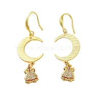 Rack Plating Brass Micro Pave Clear Cubic Zirconia Dangle Earrings, Moon with Bell, Cadmium Free & Lead Free, Real 18K Gold Plated, 50x16.5mm(KK-S379-15G)