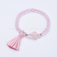 Tassel Charm Bracelets, with Natural Rose Quartz Beads, Round, 2 inch(52mm)(BJEW-P190-05A)