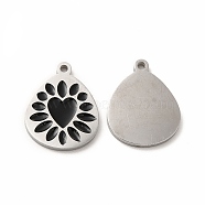 304 Stainless Steel Enamel Pendants, Teadrop with Heart Pattern, Black, 15x12x1mm, Hole: 1.2mm(STAS-F291-04P-02)