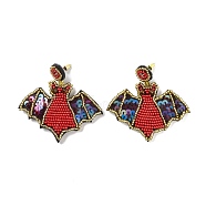 Halloween Bat Glass Seed Braided Dangle Stud Earrings, 316 Stainless Steel Wraped Jewelry for Women, Red, 60mm, Pin: 0.6mm(EJEW-B011-03B)