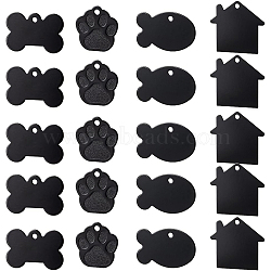 BENECREAT 32Pcs 4 Style Aluminium Pendants, Pet Tag, Fish & House & Bone & Dog Paw Prints, Black, 24~35x27~38x1mm, Hole: 3mm, 8pcs/style(ALUM-BC0001-66)