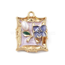 Alloy Enamel Pendants, Rectangle with Flower Charm, with ABS Plastic Pearl, Plum, 25.5x19x5.5mm, Hole: 2mm(FIND-G089-02G-02)