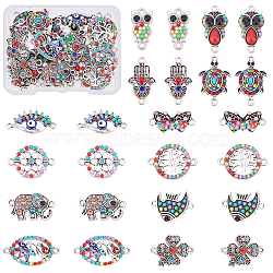 PandaHall Elite 24Pcs 12 Style Alloy Links, with Colorful Resin and Rhinestone, with Enamel, Butterfly & Flat Round & Owl & Hamsa Hand & Sea Turtle & Elephant & Oval & Evil Eye & Four Leaf Clover & Fish, Antique Silver, 10.5~27.5x11~24.5x2~4mm, Hole: 1.6~2mm, 2pcs/style(FIND-PH0003-08)