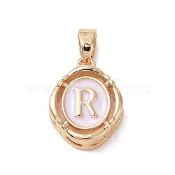 304 Stainless Steel Enamel Pendants, Oval with Letter, Golden, White, Letter.R, 15.5x11.5x4mm, Hole: 4.5x2.5mm(STAS-H174-03R)