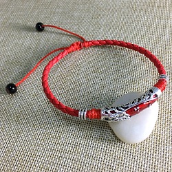 Alloy Red Enamel Tube Bead & Braided Imitation Leather Cord Adjustable Anklets for Men, Antique Silver, Red, 8-5/8 inch(220mm)(FS-WG1282E-01)