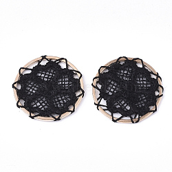 Polyester Woven Pendant Decorations, with Iron Findings, Flat Round with Flower, Light Gold, Black, 28x2mm(X-FIND-S283-05A)