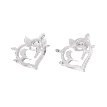 Heart 304 Stainless Steel Stud Earrings for Women, Stainless Steel Color, 11.5x13mm, Pin: 0.7mm