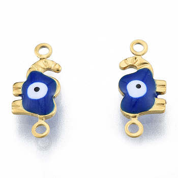 304 Stainless Steel Enamel Connector Charms, Real 18K Gold Plated, Elephant with Evil Eye, Dark Blue, 6.5x15x2.5mm, Hole: 1.2mm