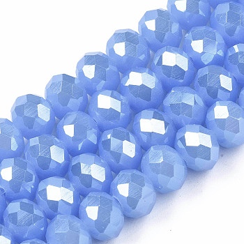 Electroplate Glass Beads Strands, Imitation Jade Beads, Pearl Luster Plated, Faceted, Rondelle, Cornflower Blue, 4x3mm, Hole: 0.4mm, about 113~115pcs/strand, 16.14~16.34 inch(41~41.5cm)